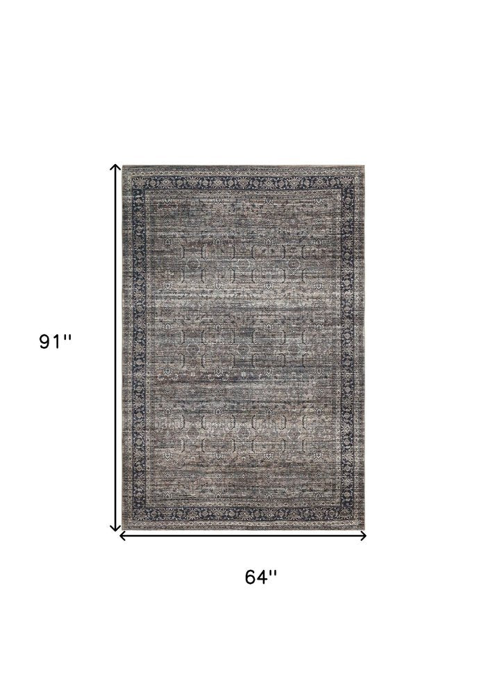 5' X 8' Brown and Blue Oriental Printed Distressed Area Rug