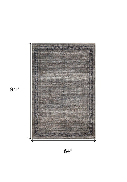 5' X 8' Brown and Blue Oriental Printed Distressed Area Rug