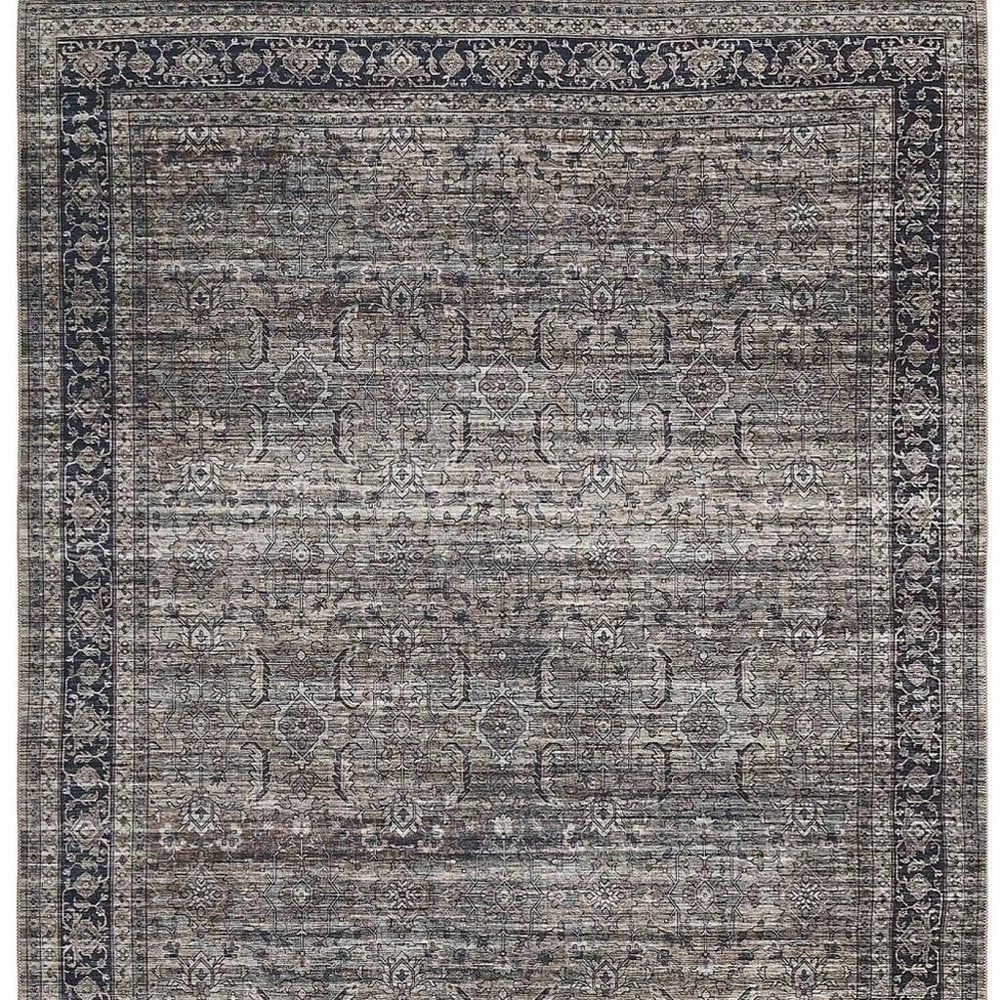 5' X 8' Brown and Blue Oriental Printed Distressed Area Rug