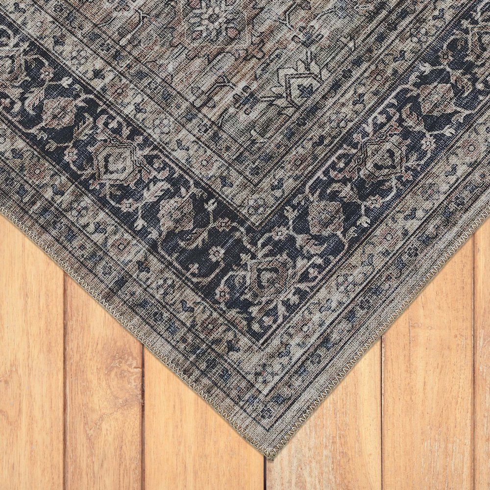5' X 8' Brown and Blue Oriental Printed Distressed Area Rug