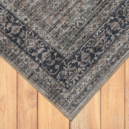 5' X 8' Brown and Blue Oriental Printed Distressed Area Rug