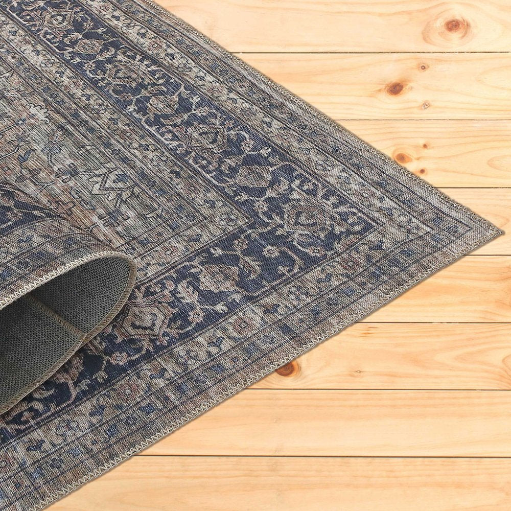 5' X 8' Brown and Blue Oriental Printed Distressed Area Rug