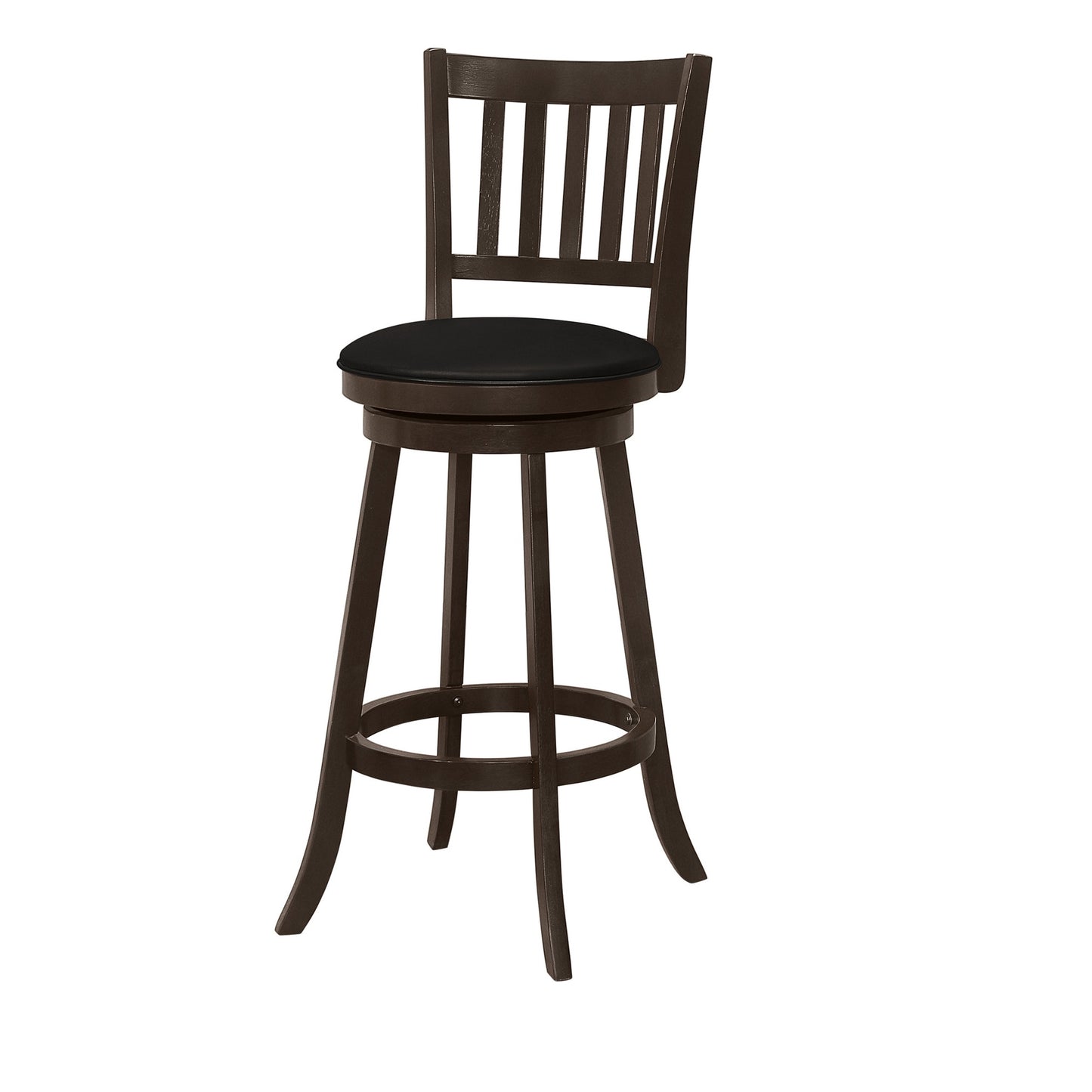 Set of Two 29" Black and Espresso Faux Leather and Solid Wood Bar Height Swivel Bar Chairs