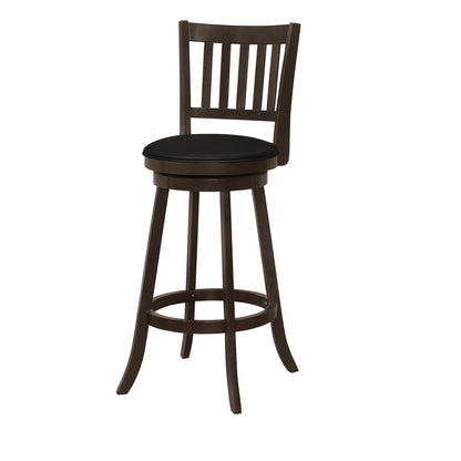 Set of Two 29" Black and Espresso Faux Leather and Solid Wood Bar Height Swivel Bar Chairs