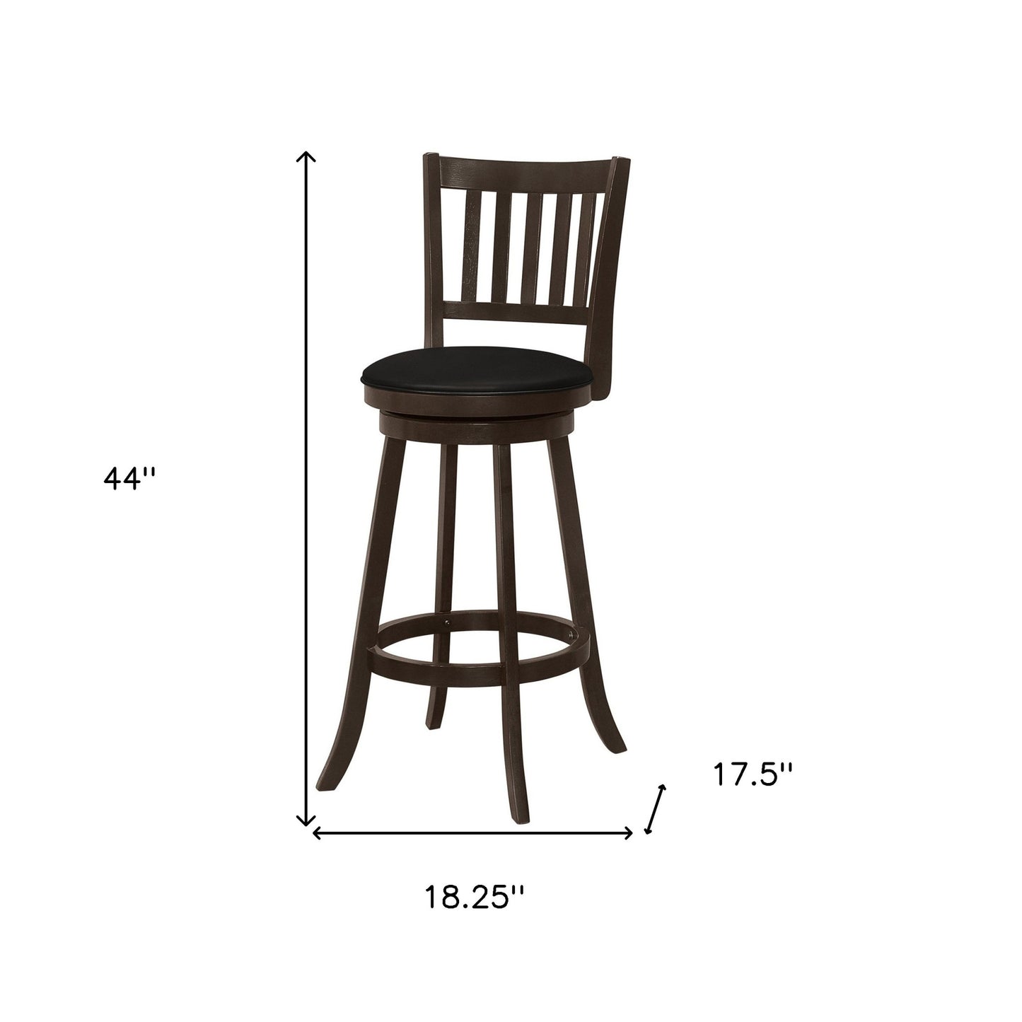 Set of Two 29" Black and Espresso Faux Leather and Solid Wood Bar Height Swivel Bar Chairs
