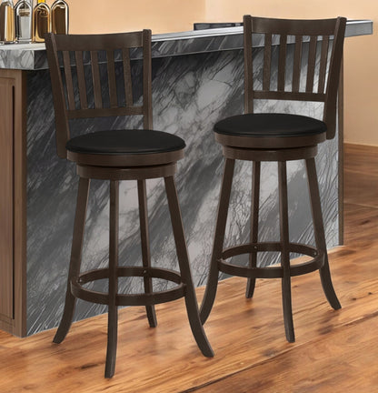 Set of Two 29" Black and Espresso Faux Leather and Solid Wood Bar Height Swivel Bar Chairs