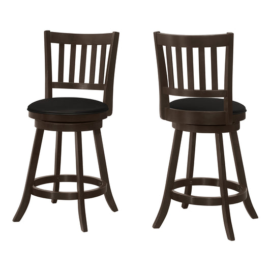 Set of Two 23" Black and Espresso Faux Leather and Solid Wood Counter Height Swivel Bar Chairs