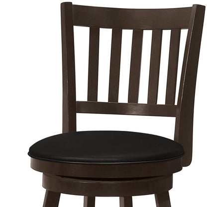 Set of Two 23" Black and Espresso Faux Leather and Solid Wood Counter Height Swivel Bar Chairs