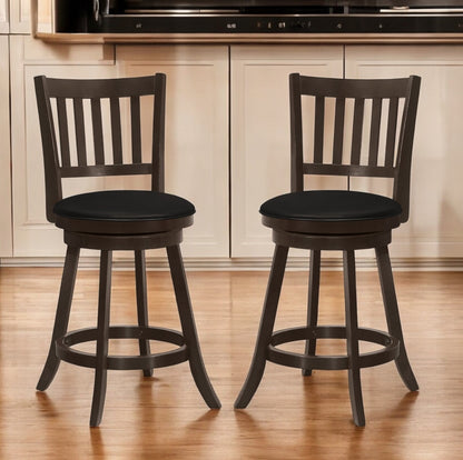 Set of Two 23" Black and Espresso Faux Leather and Solid Wood Counter Height Swivel Bar Chairs