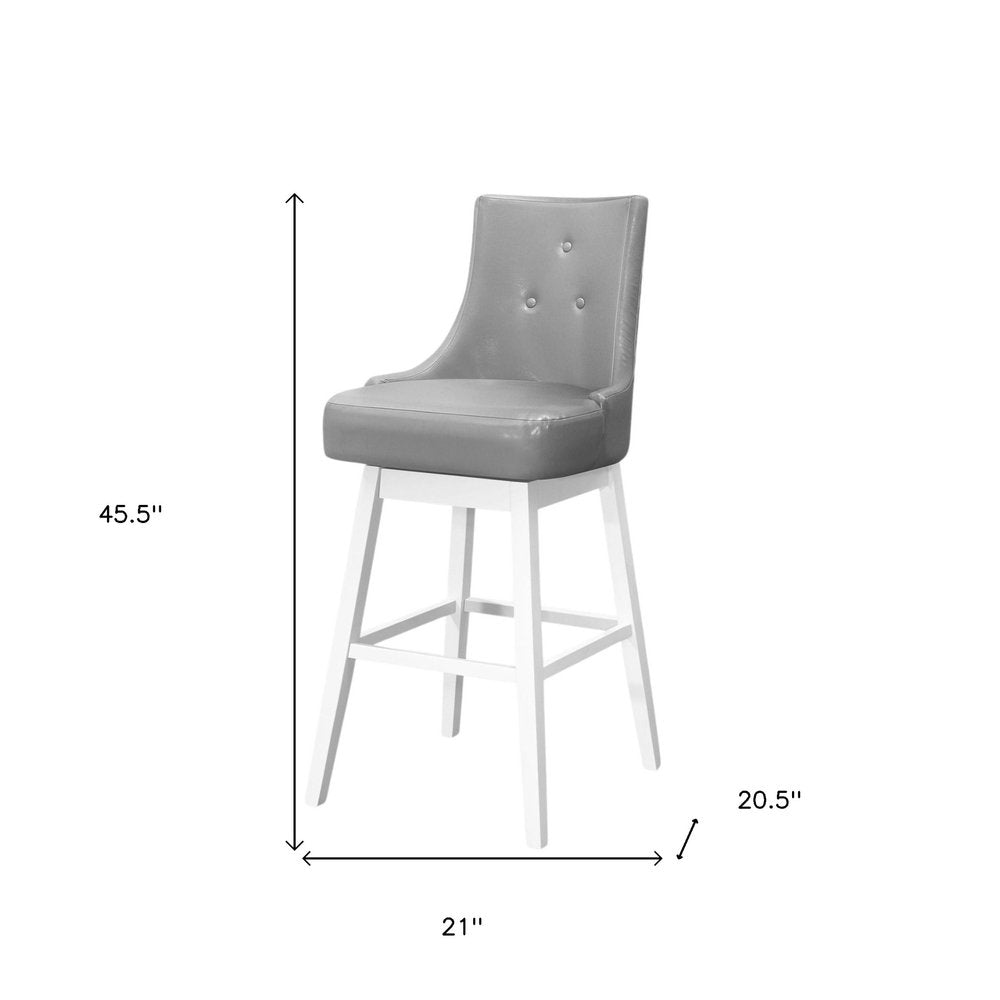 Set of Two 29" Gray and White Faux Leather and Solid Wood Bar Height Swivel Bar Chairs
