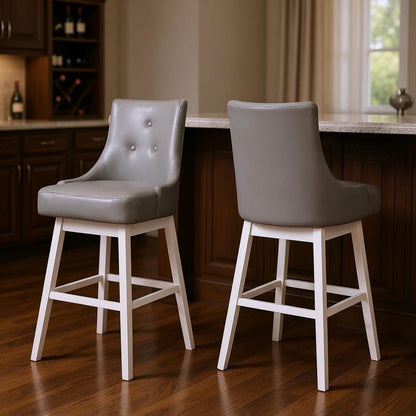 Set of Two 29" Gray And White Faux Leather And Fabric And Solid Wood Bar Height Swivel Bar Chairs