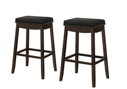Set of Two 30" Black and Espresso Faux Leather and Solid Wood Backless Bar Height Bar Chairs