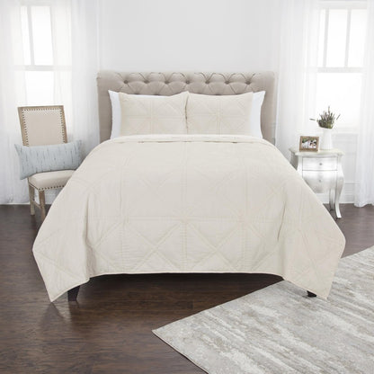 Set of Three Ivory Geometric Queen Quilt