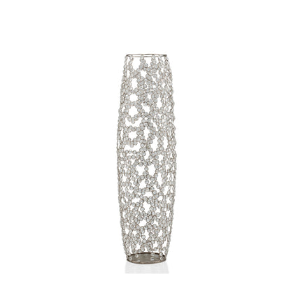 32" Silver Cylinder Crystal Glass Floor Vase With Faux Crystals
