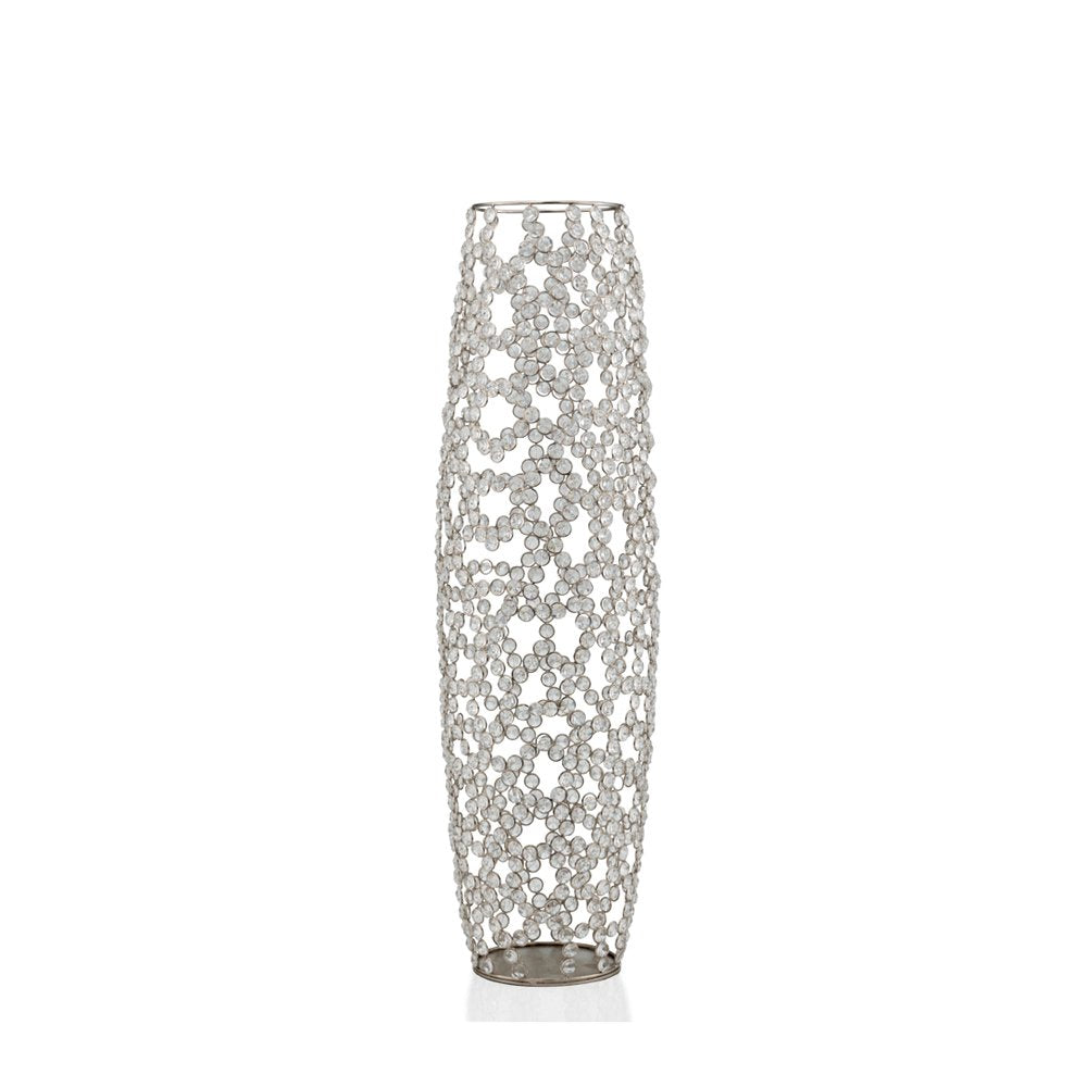 32" Silver Cylinder Crystal Glass Floor Vase With Faux Crystals