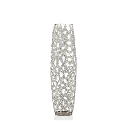 32" Silver Cylinder Crystal Glass Floor Vase With Faux Crystals