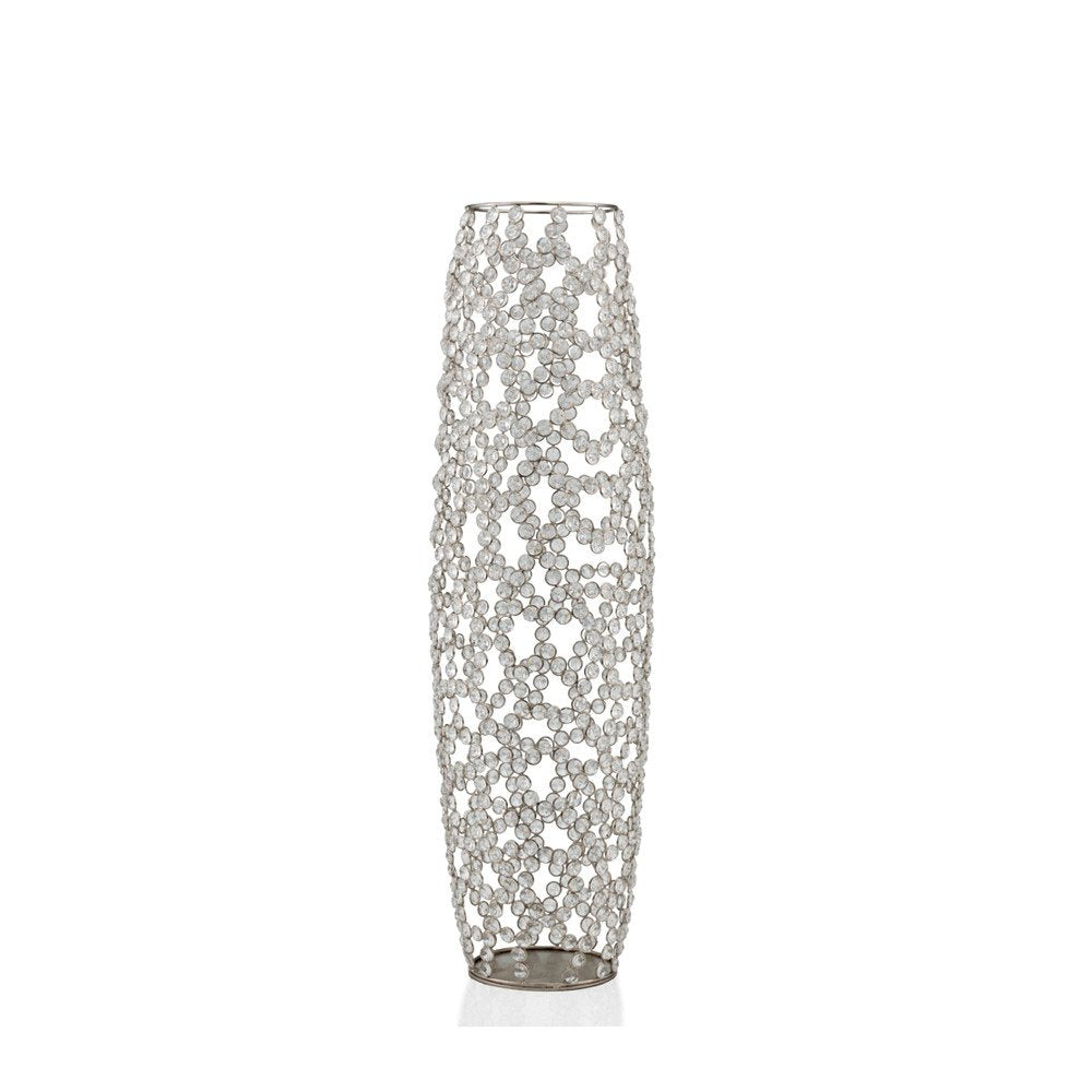 32" Silver Cylinder Crystal Glass Floor Vase With Faux Crystals