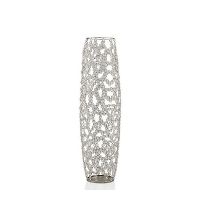 32" Silver Cylinder Crystal Glass Floor Vase With Faux Crystals