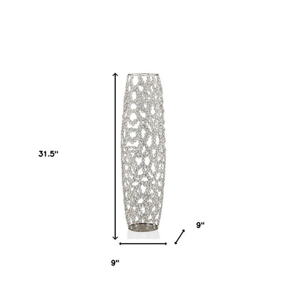 32" Silver Cylinder Crystal Glass Floor Vase With Faux Crystals