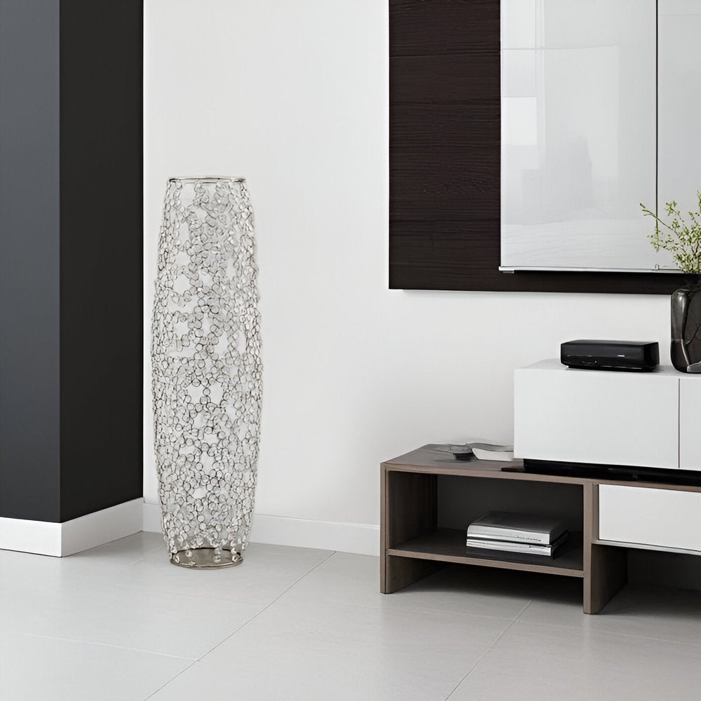 32" Silver Cylinder Crystal Glass Floor Vase With Faux Crystals