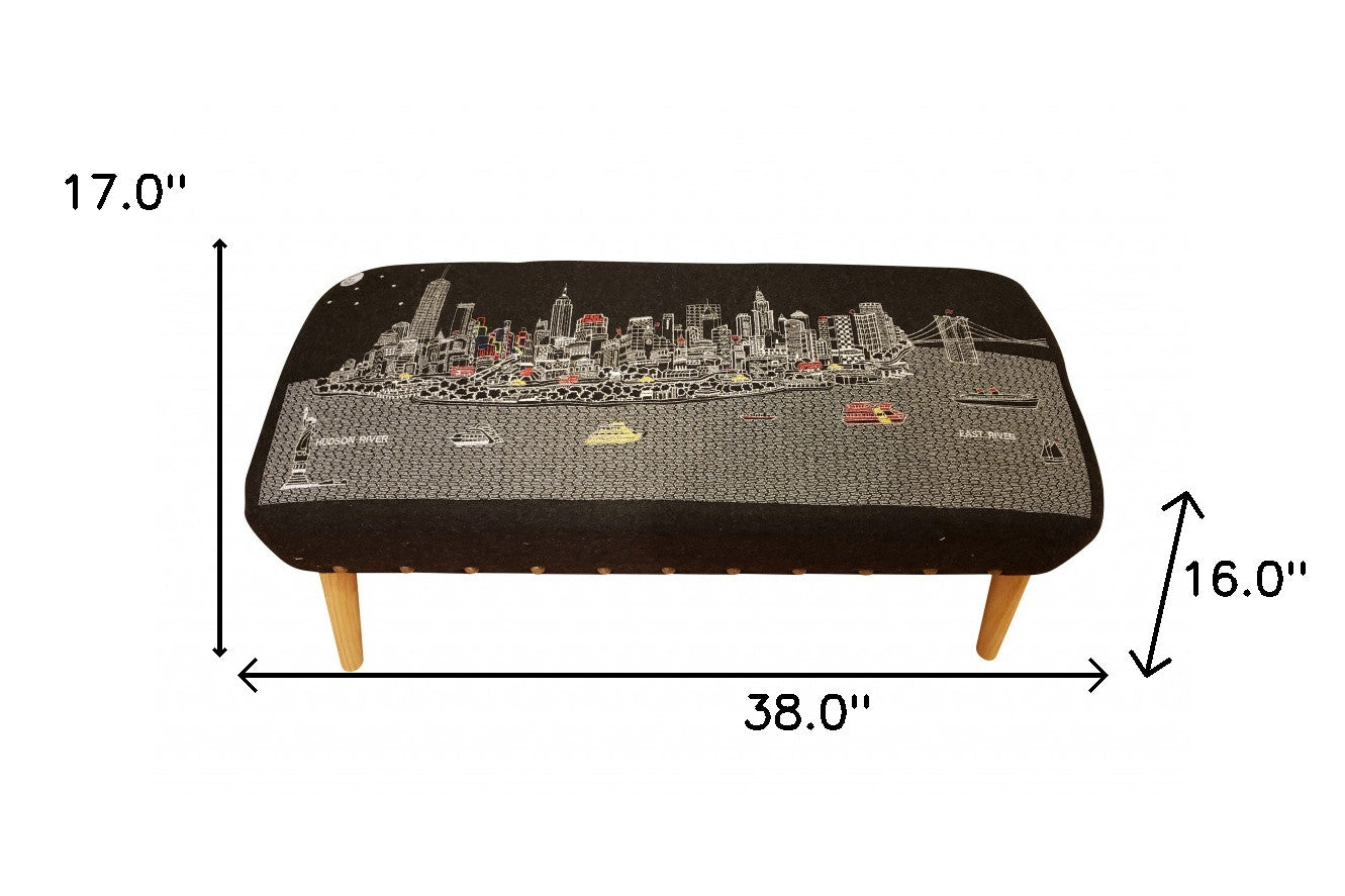 38" Gray Wool and Brown Ottoman
