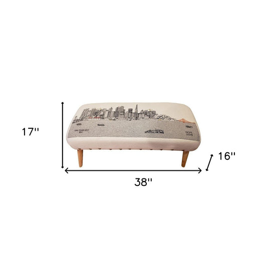 38" Cream Wool and Brown Ottoman