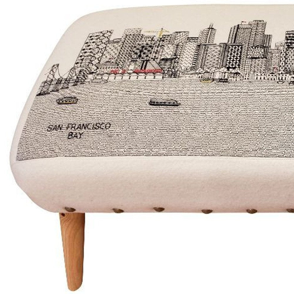 38" Cream Wool and Brown Ottoman