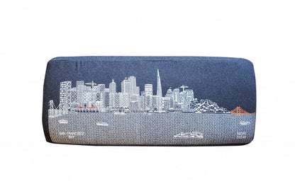 38" Gray Wool and Brown Ottoman