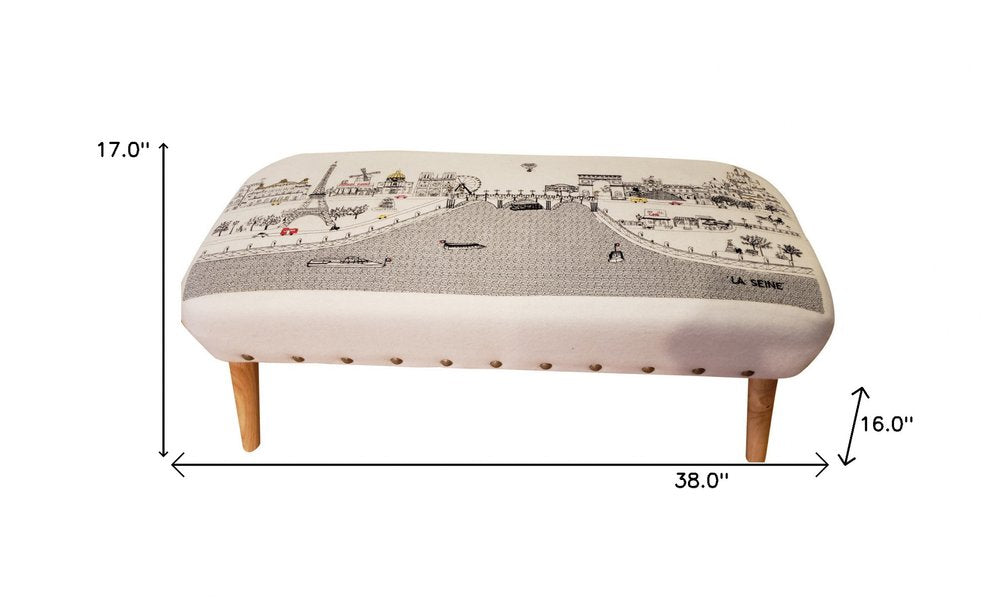 38" Cream Wool and Brown Ottoman