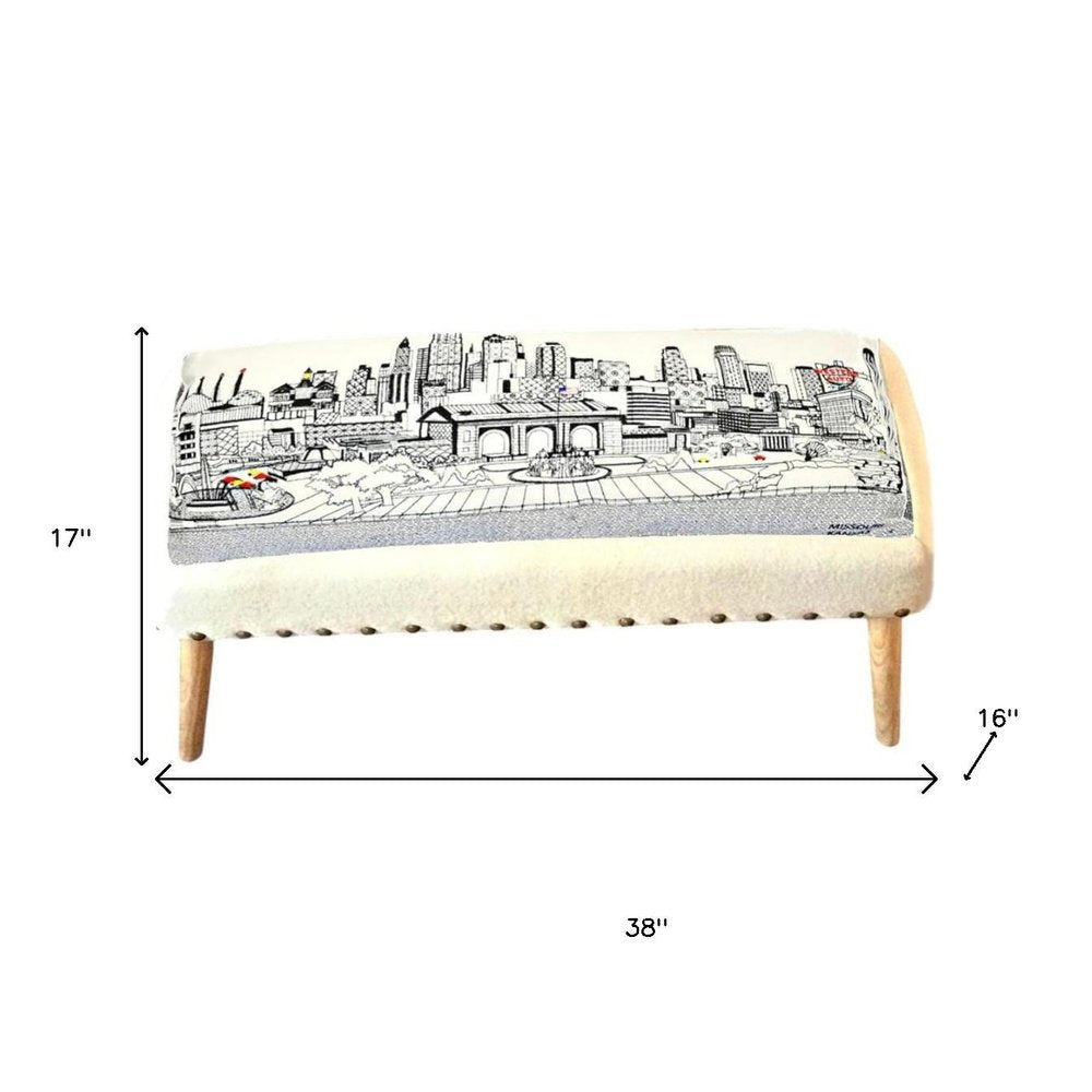 38" Cream Wool And Brown Ottoman