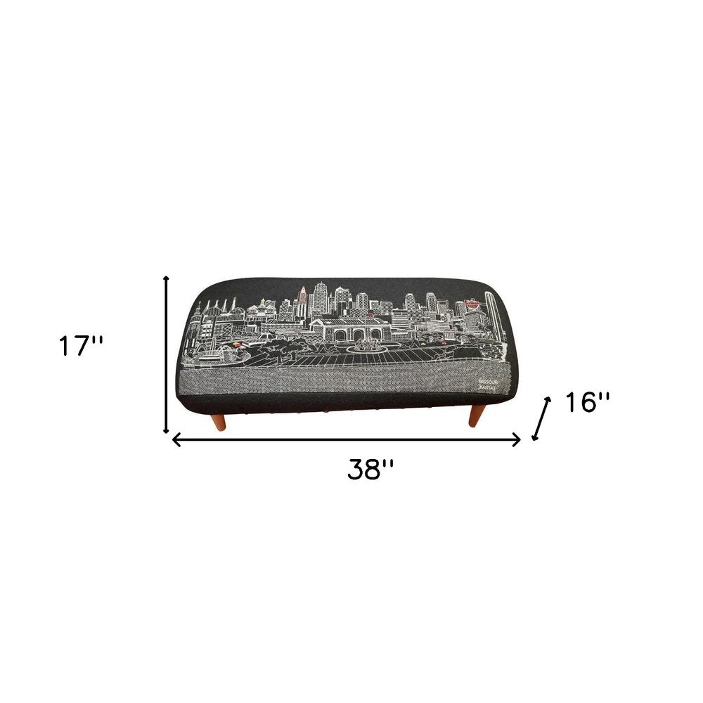 38" Black Wool and Brown Ottoman