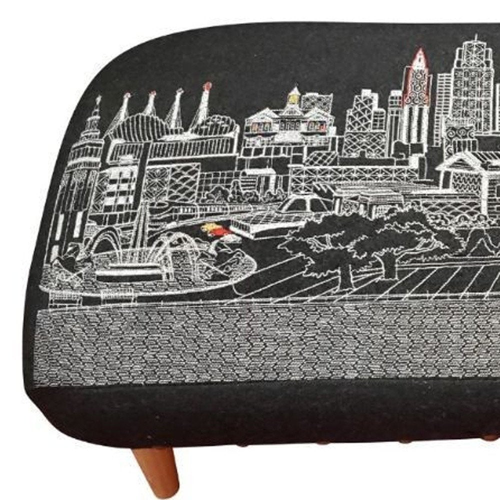 38" Black Wool and Brown Ottoman
