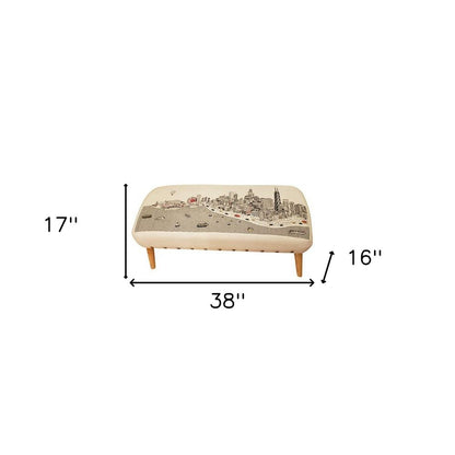 38" Cream Wool and Brown Ottoman