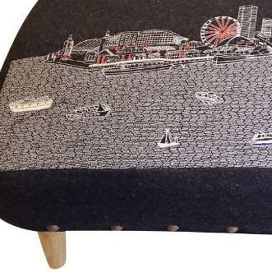 38" Gray Wool and Brown Ottoman