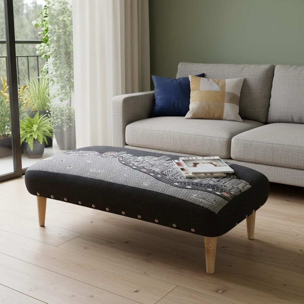 38" Gray Wool and Brown Ottoman