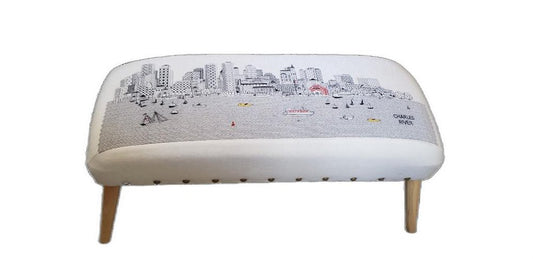 38" Cream And Natural Boston Daytime Skyline Embroidered Ottoman