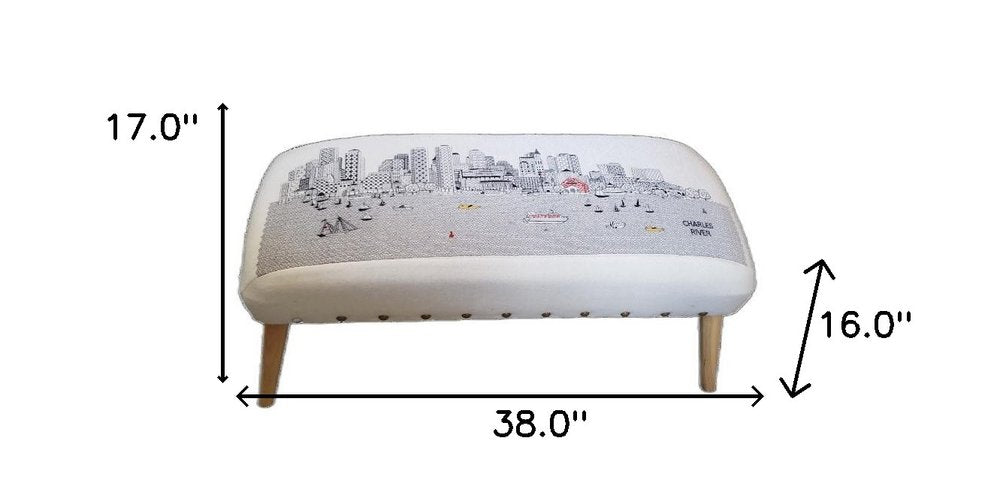 38" Cream And Natural Boston Daytime Skyline Embroidered Ottoman