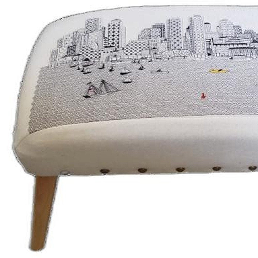 38" Cream And Natural Boston Daytime Skyline Embroidered Ottoman