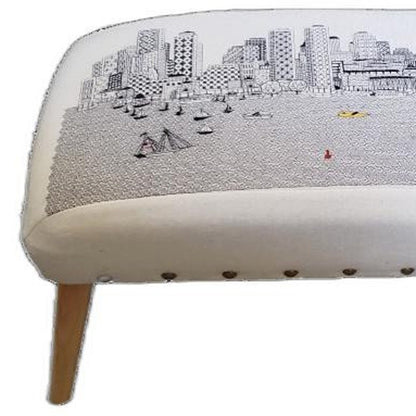 38" Cream And Natural Boston Daytime Skyline Embroidered Ottoman