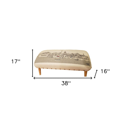 38" Cream Wool and Brown Ottoman