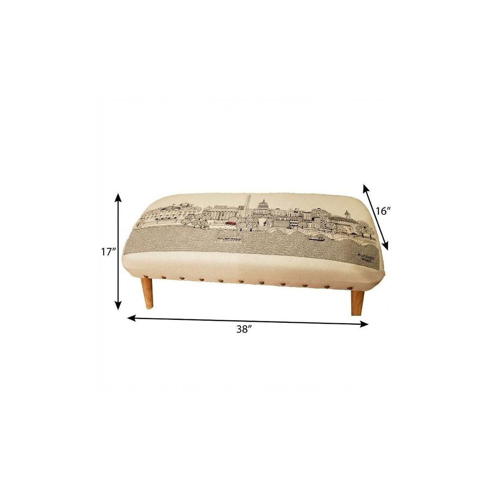 38" Cream Wool and Brown Ottoman