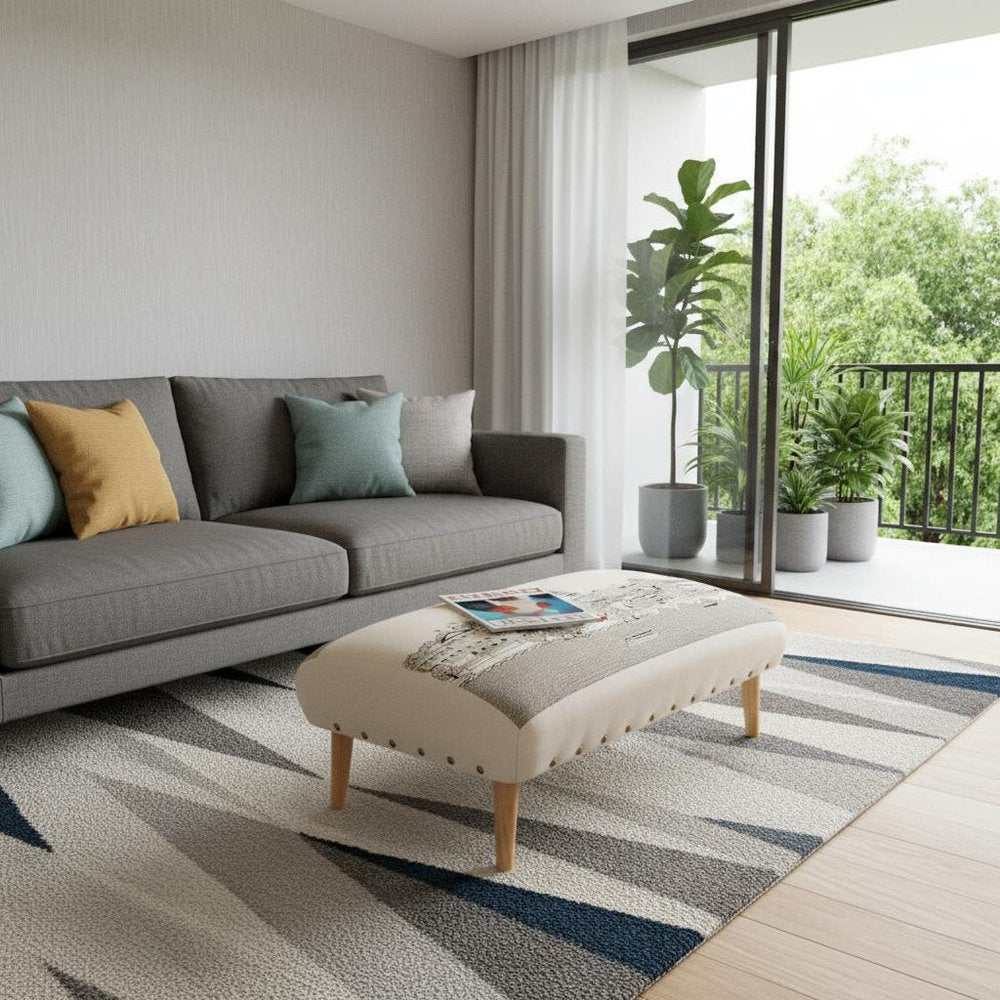 38" Cream Wool and Brown Ottoman