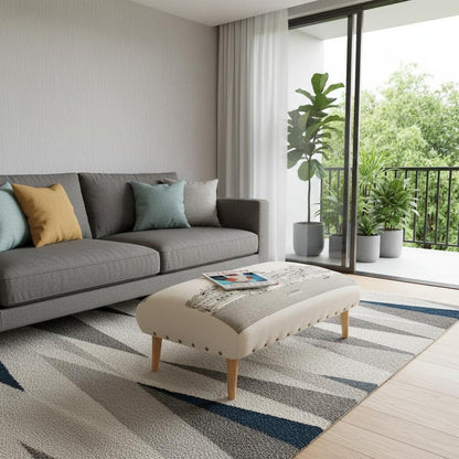 38" Cream Wool and Brown Ottoman