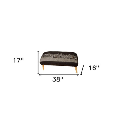 38" Gray Wool and Brown Ottoman