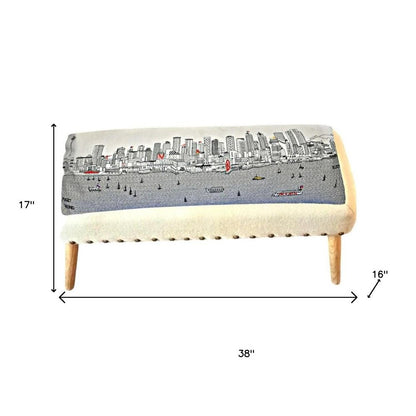 38" Cream Wool and Brown Ottoman