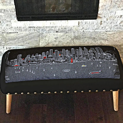 38" Gray Wool and Brown Ottoman