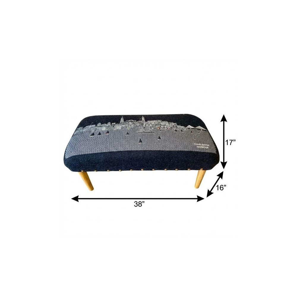 38" Gray Wool and Brown Ottoman