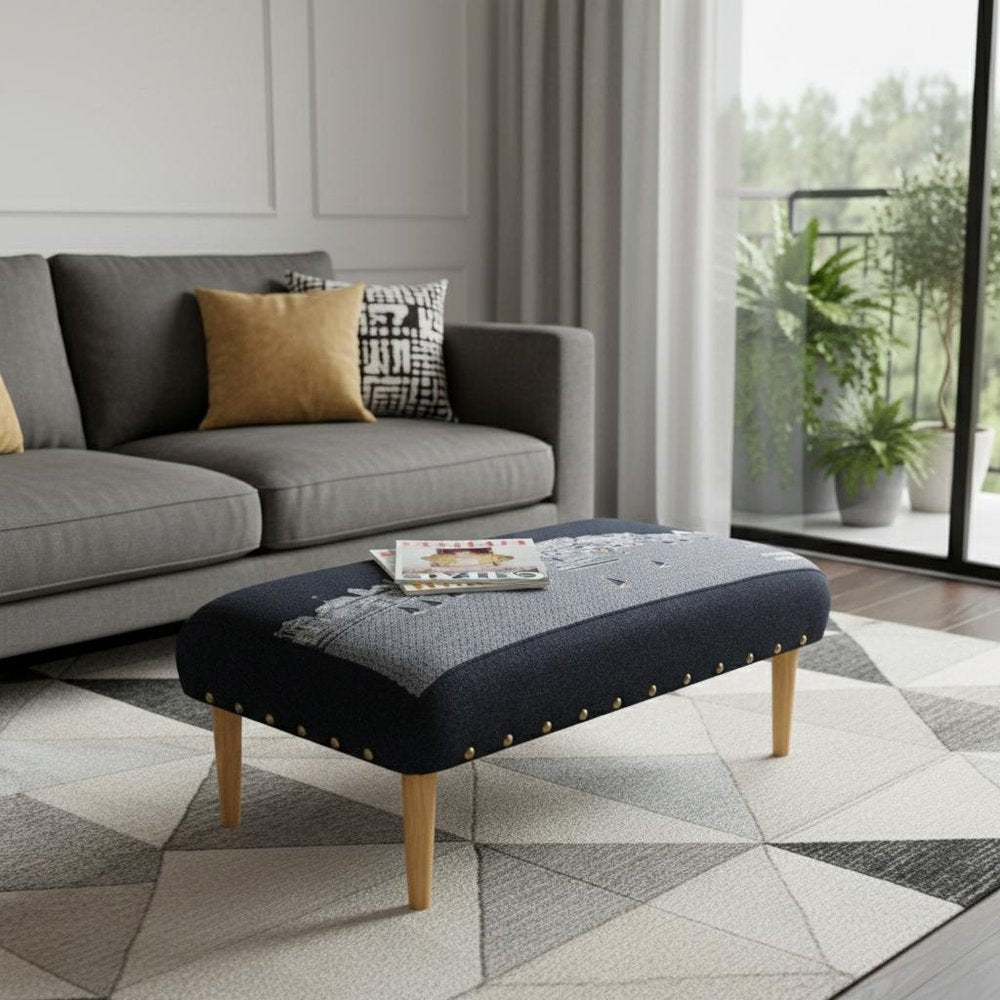 38" Gray Wool and Brown Ottoman