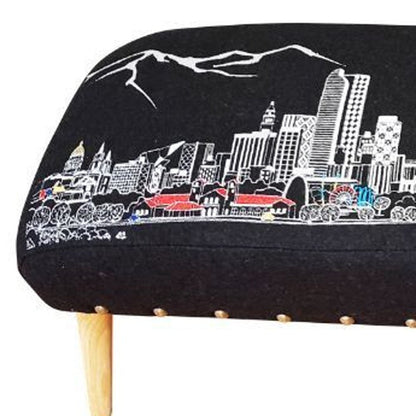 38" Gray Wool and Brown Ottoman