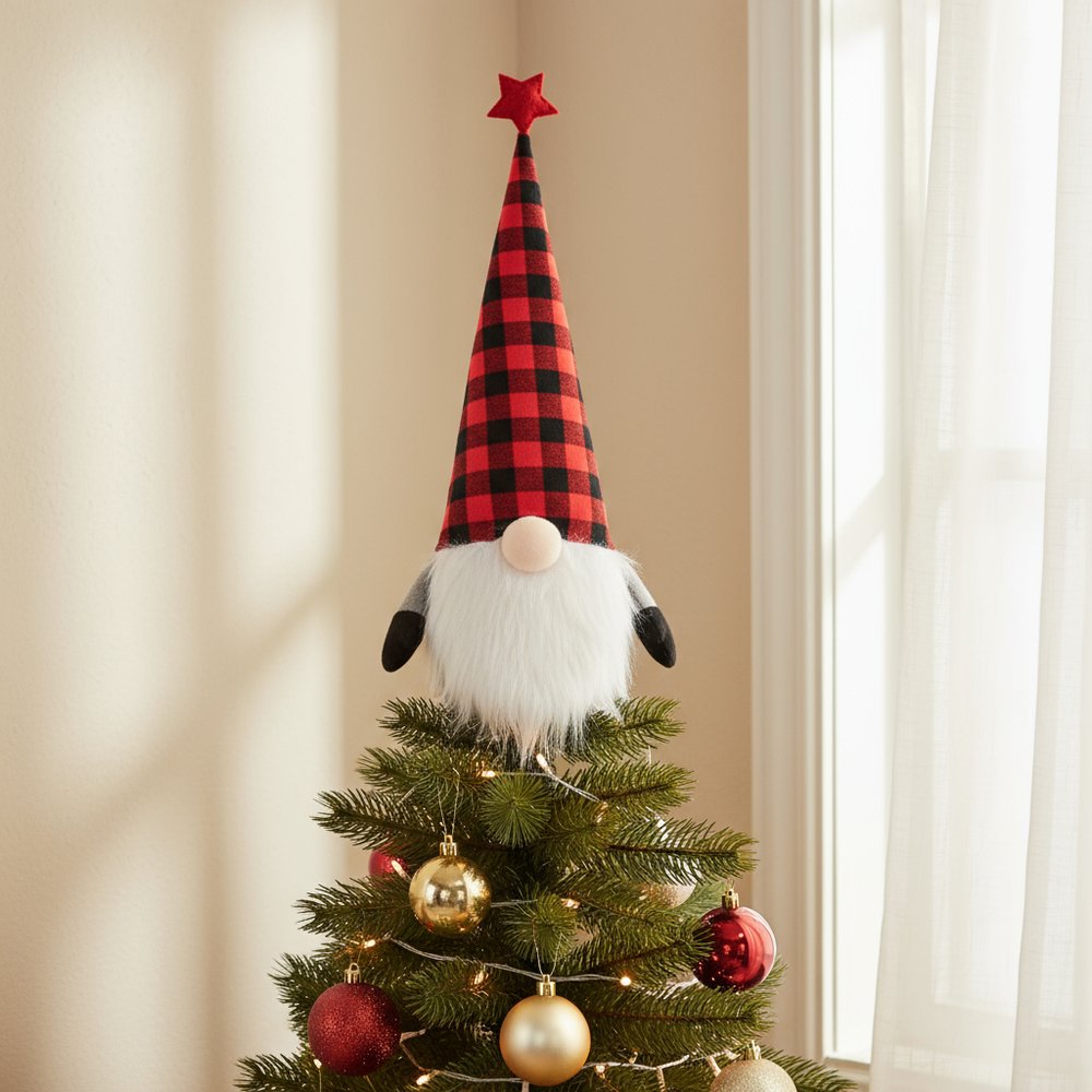27" Black And Black Felt And Faux Fur Gnome Adjustable Height Tree Topper